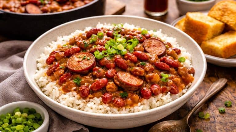 New Orleans red beans and rice served in a bowl with creamy red beans, sliced smoked sausage, and fluffy white rice, garnished with green onions.