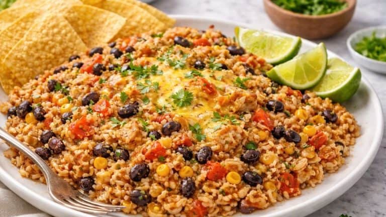 One pot chicken taco skillet on a white plate with melted cheese, rice, black beans, and cilantro garnish.