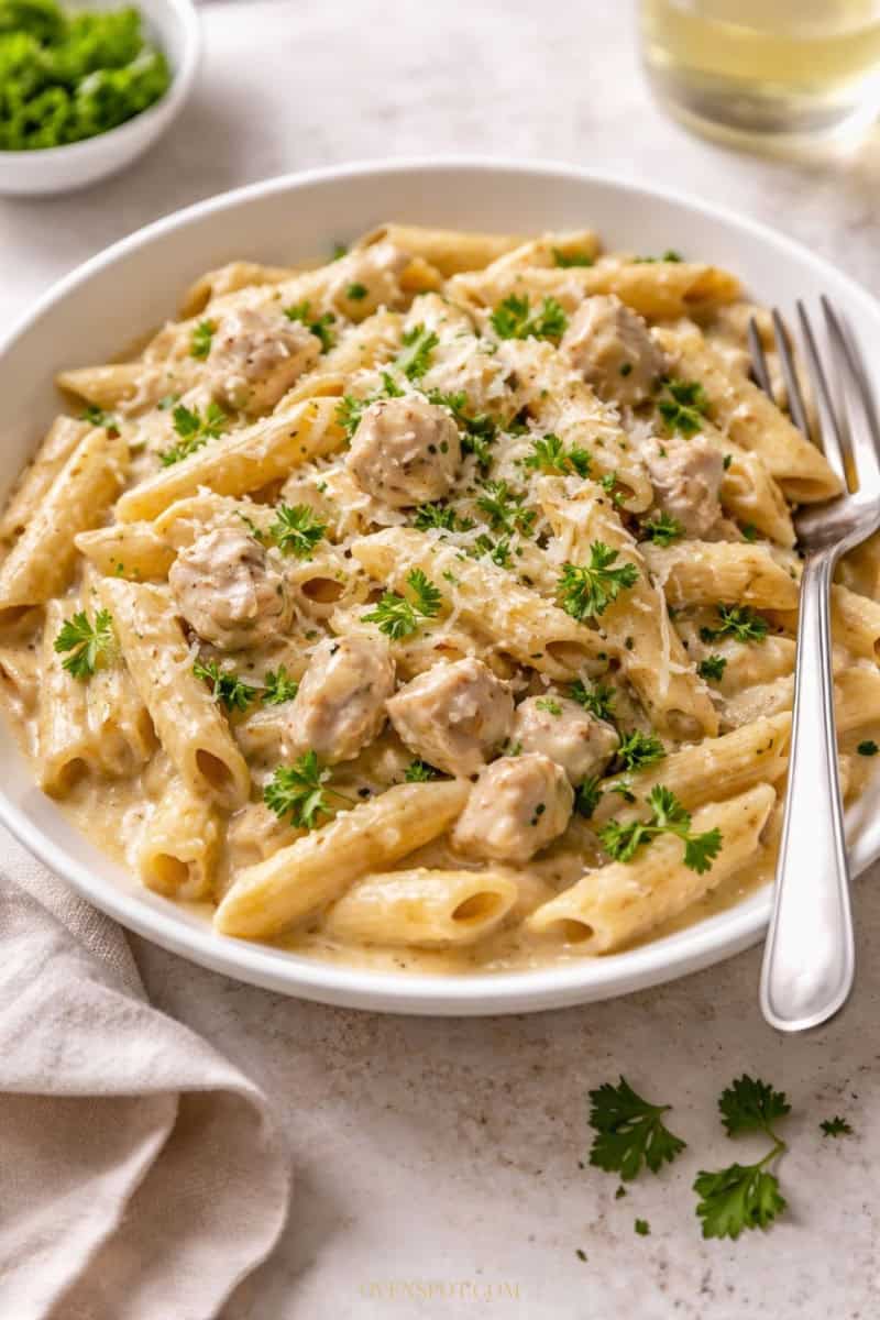 Creamy one pot chicken pasta with parsley and parmesan on a white plate.