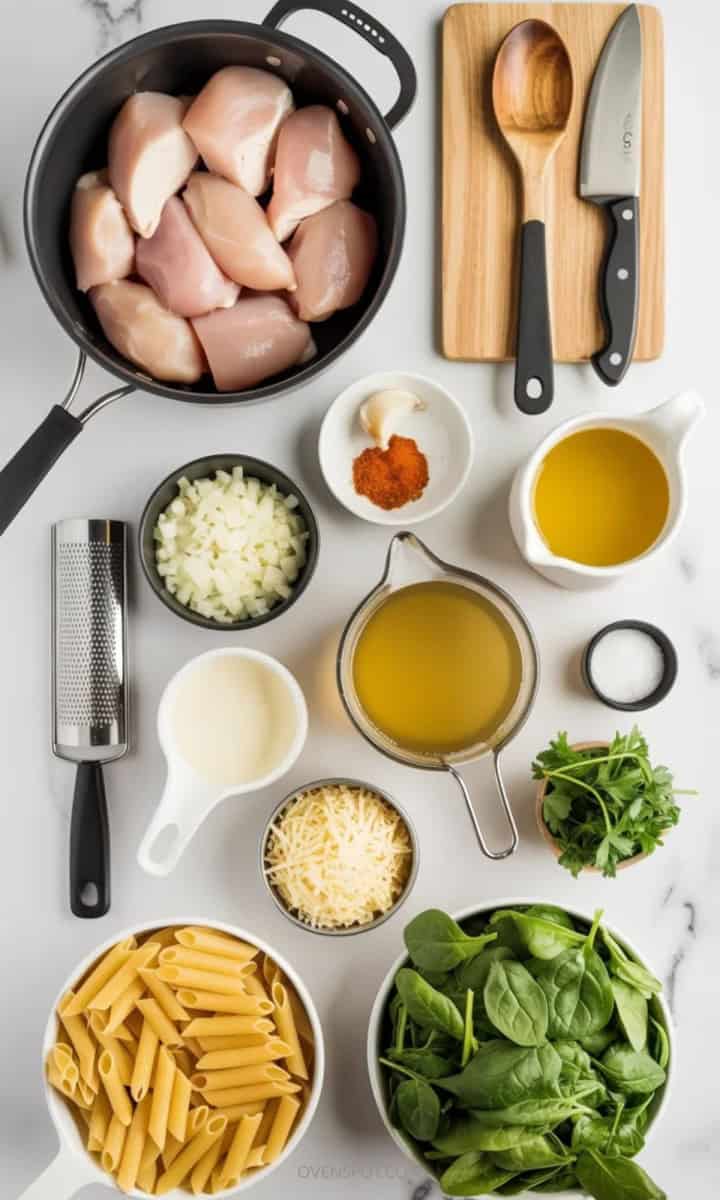 Ingredients and tools laid out for one pot chicken pasta on a marble counter.