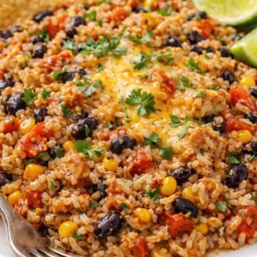 One pot chicken taco skillet on a white plate with melted cheese, rice, black beans, and cilantro garnish.
