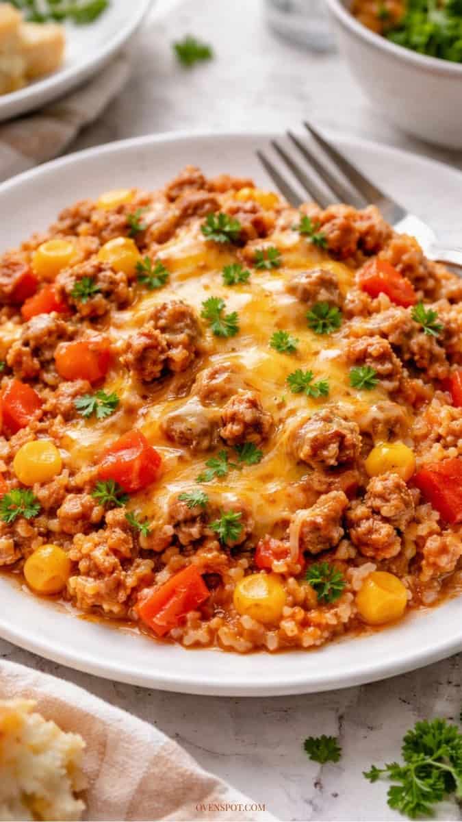One pot ground beef skillet with cheesy tomato rice, corn, peppers, and parsley on a white plate.