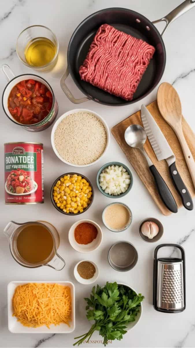 Ingredients and tools for one pot ground beef skillet arranged on white marble, top-down.
