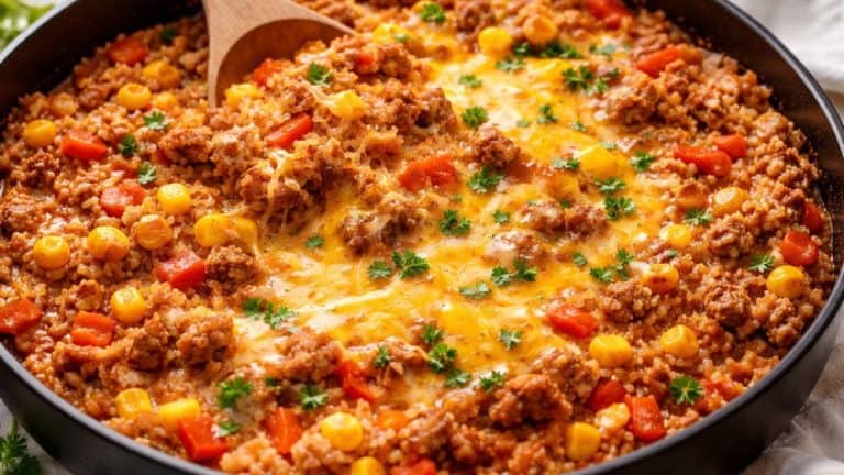 One pot ground beef skillet with cheesy tomato rice, corn, peppers, and parsley.