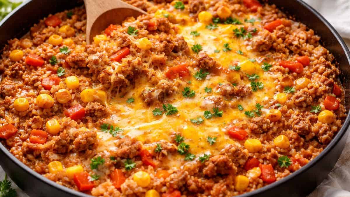 One pot ground beef skillet with cheesy tomato rice, corn, peppers, and parsley.