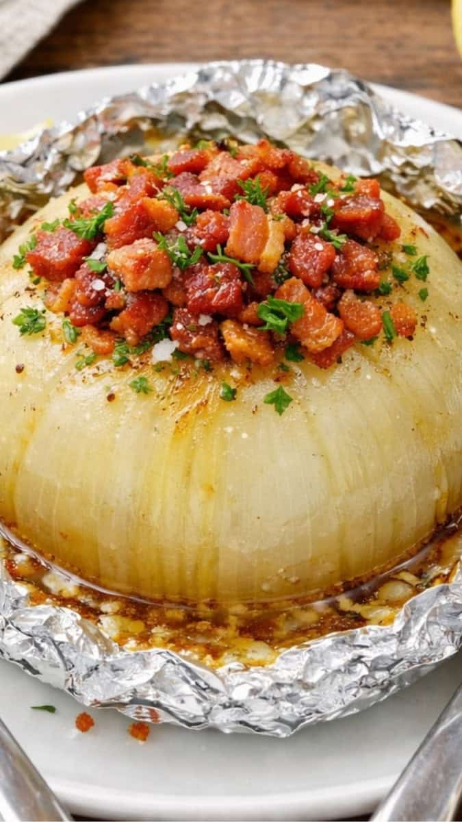 Whole onion boil in a foil packet topped with crispy bacon and parsley on a white plate.