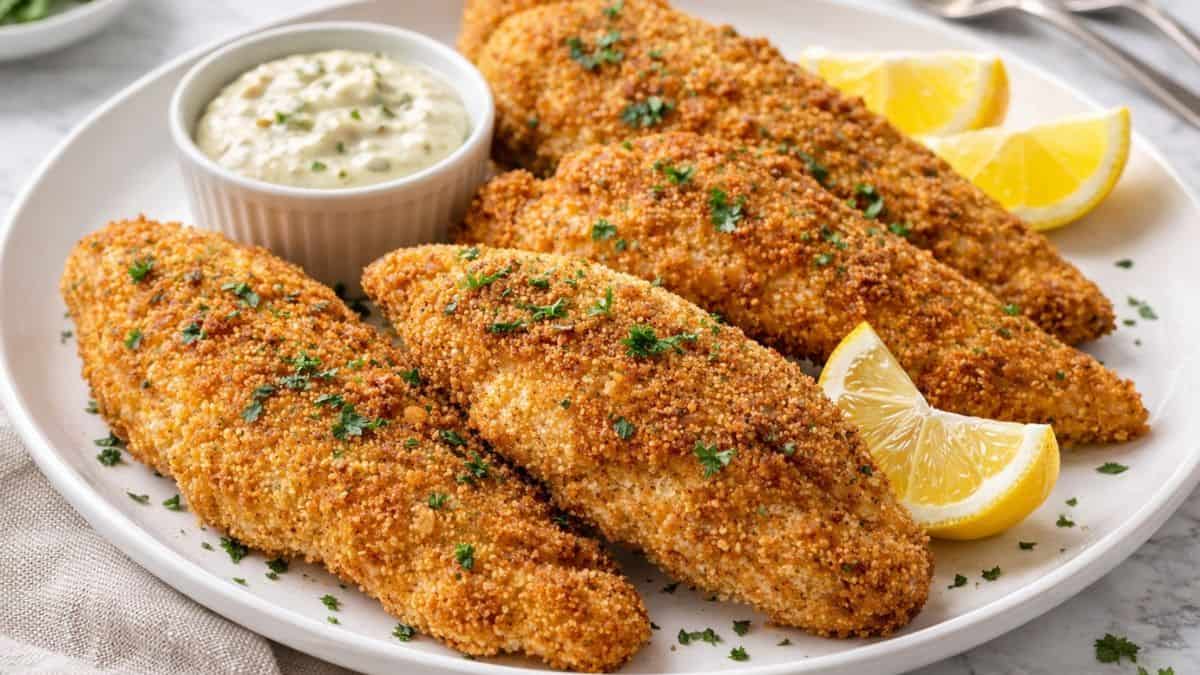 Crispy oven fried catfish on a white plate with lemon wedges and tartar sauce.