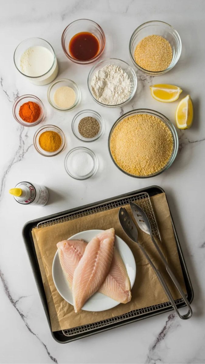 Ingredients and tools laid out for making oven fried catfish on a marble counter.