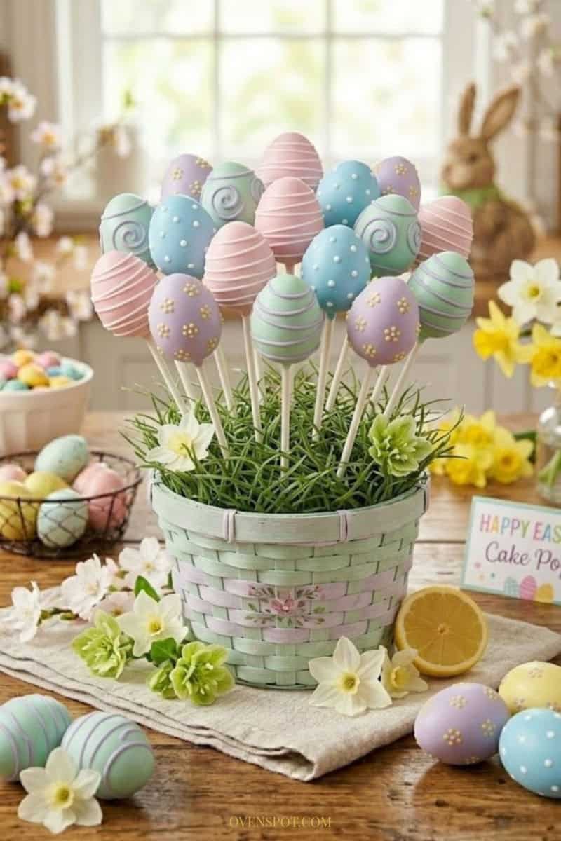Pastel Easter egg cake pops decorated with stripes and polka dots, displayed upright in an Easter basket with faux grass and hidden foam support