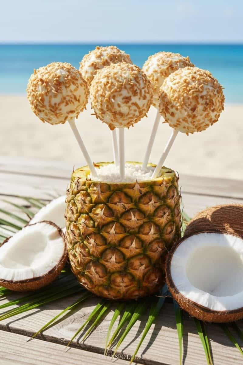 Pineapple coconut cake pops standing inside a hollowed pineapple with tropical decor