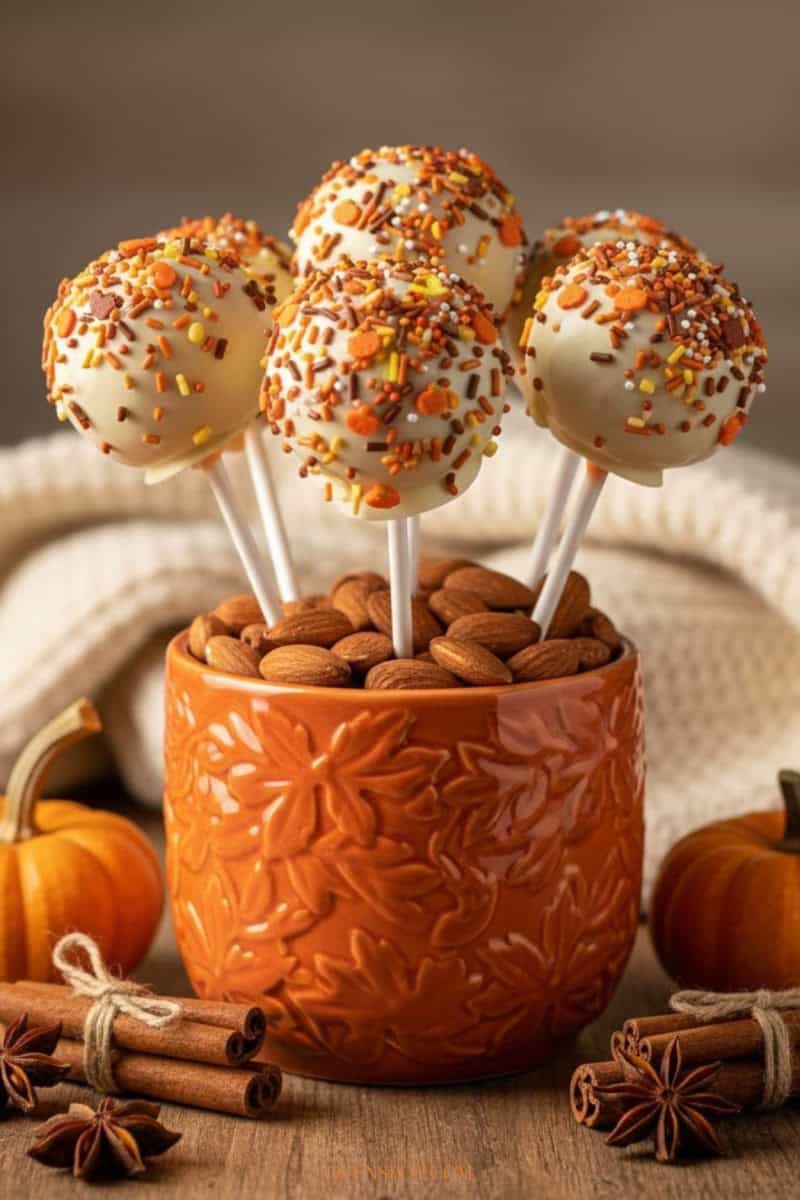 Pumpkin spice cake pops in a decorative stand surrounded by pumpkins and fall decor
