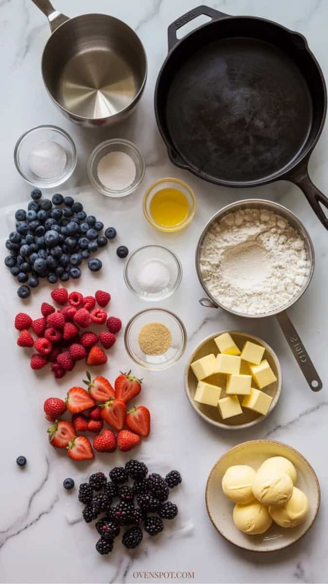 ingredients laid out for cast iron skillet berry cobbler