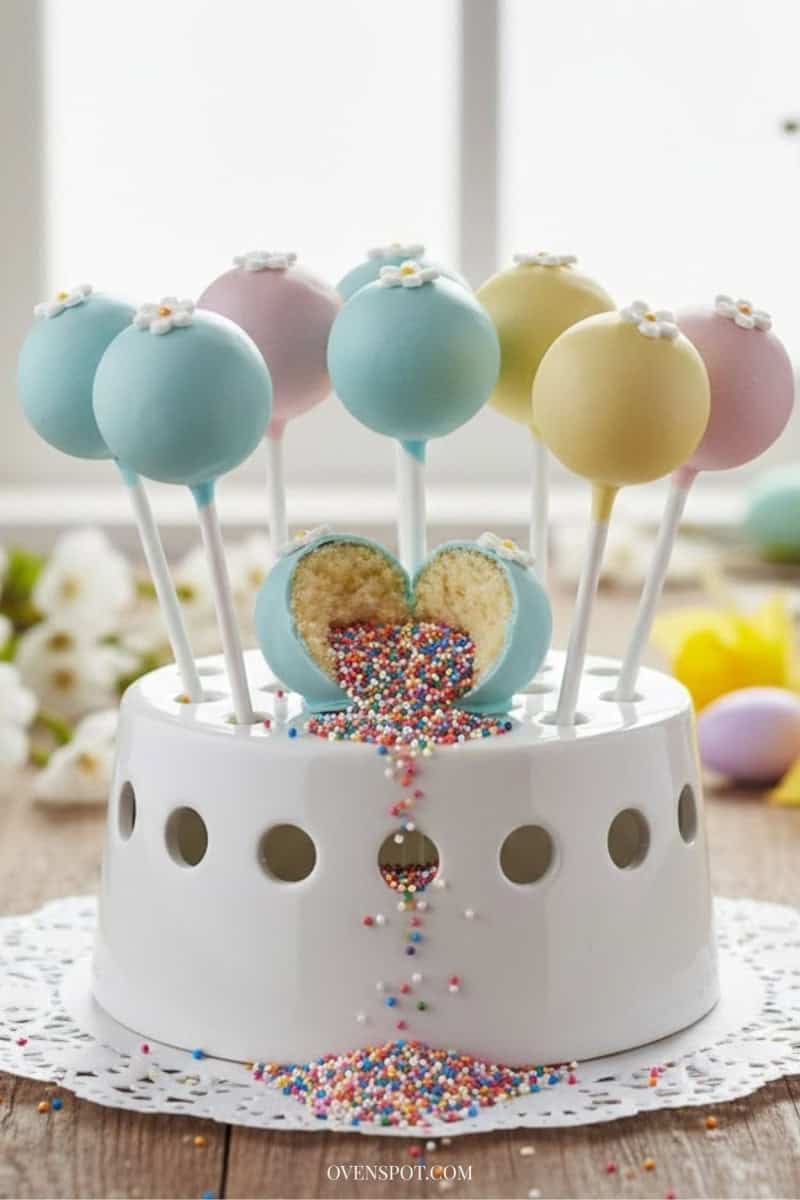Pastel Easter cake pops standing upright in a cake pop stand, with one broken open to reveal a colorful sprinkle-filled center
