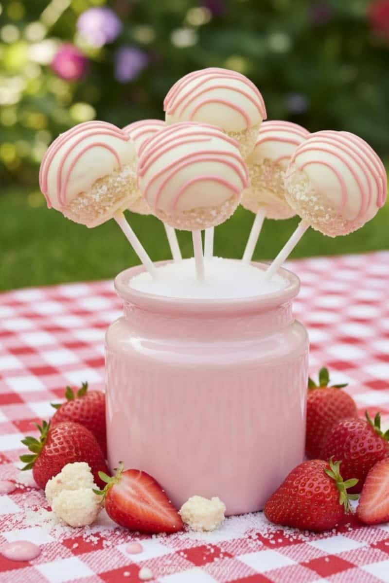Strawberry shortcake cake pops in a pastel jar styled on a picnic blanket with fresh strawberries