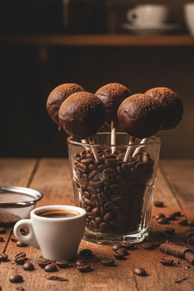 Tiramisu cake pops dusted with cocoa standing in a glass of espresso beans on a café table