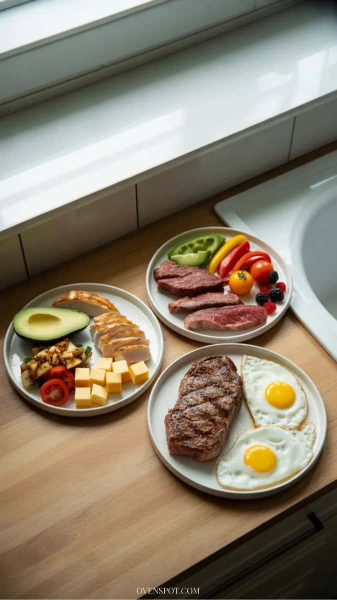 Visual comparison of keto, paleo, and carnivore diets using simple whole foods on plates.
