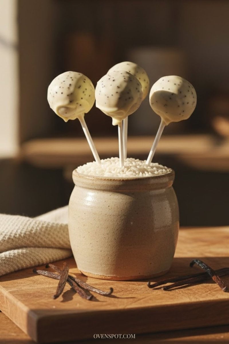 Vanilla bean cake pops standing upright in a ceramic crock with vanilla pods and linen styling