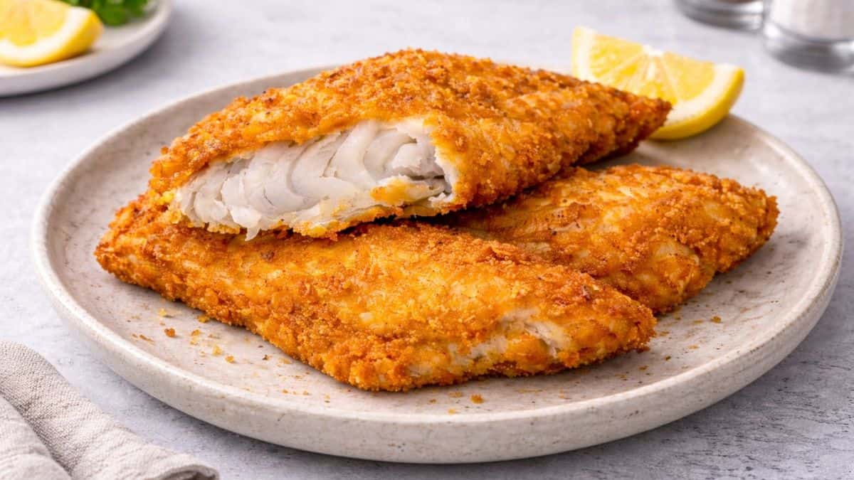 Crispy golden fried fish fillets on a speckled ceramic plate, with one fillet broken open to show flaky white fish, garnished with a lemon wedge on a modern light-gray background.
