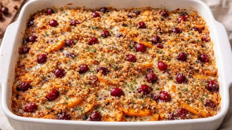 Close-up of sweet potato and cranberry gratin with a golden topping