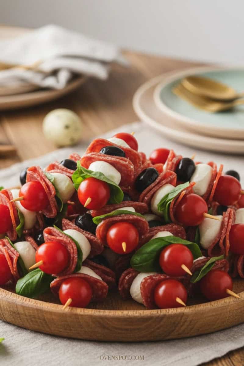 Colorful antipasto skewers with tomato, mozzarella, salami, and olives