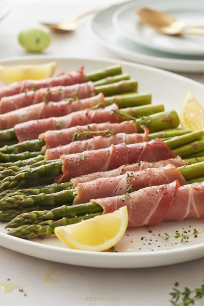 Prosciutto wrapped asparagus spears served with lemon