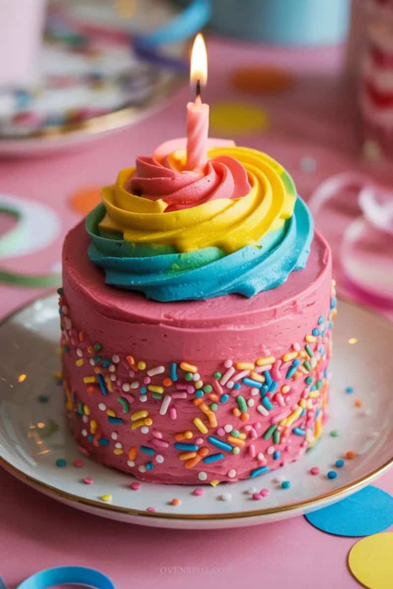 Mini birthday cake covered in rainbow sprinkles with a candle on top