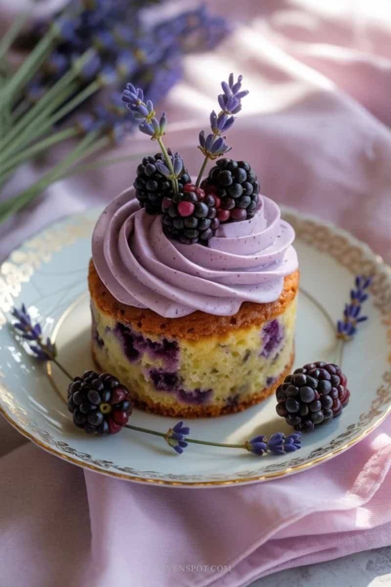 Mini lavender cake with purple buttercream frosting and fresh blackberries
