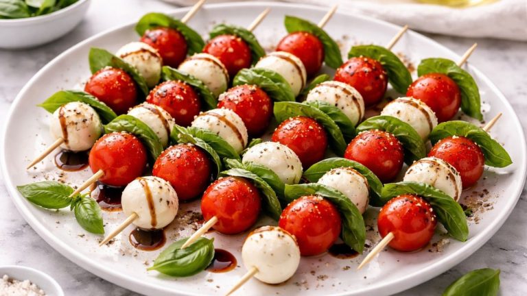 Caprese salad skewers on a white plate with cherry tomatoes, mozzarella, basil, and balsamic drizzle