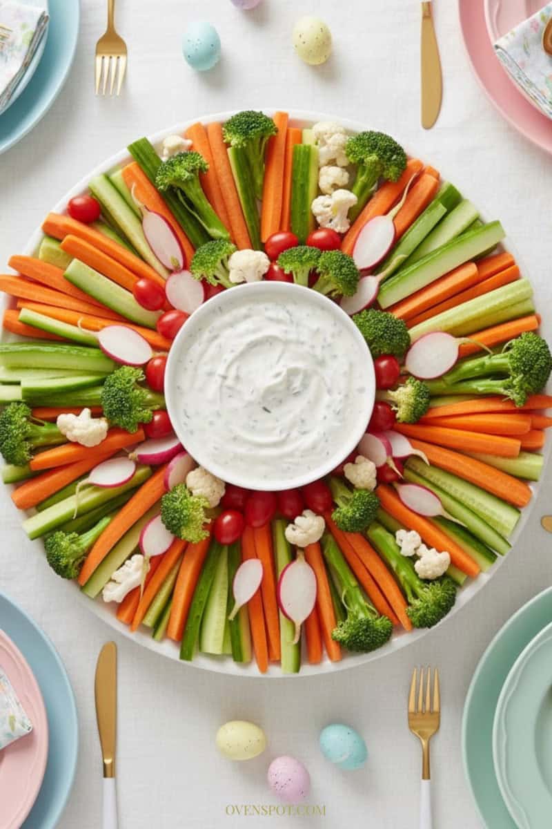 Fresh carrot and cucumber sticks arranged around a bowl of creamy herb yogurt dip