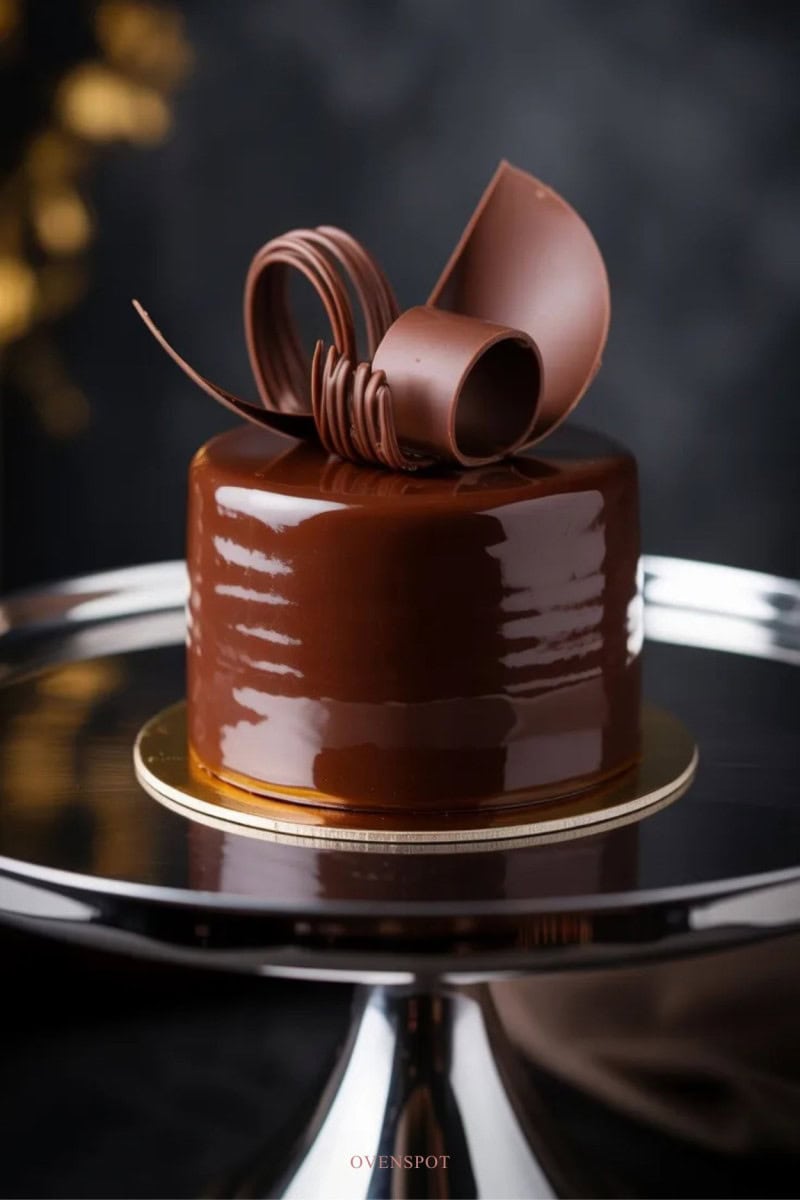 Small chocolate mini cake covered with glossy chocolate ganache and topped with chocolate curls