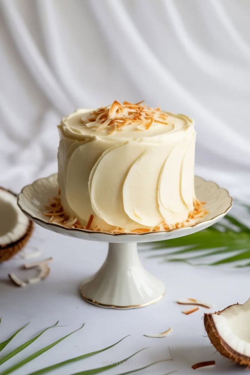 Small coconut mini cake with white buttercream frosting and toasted coconut flakes