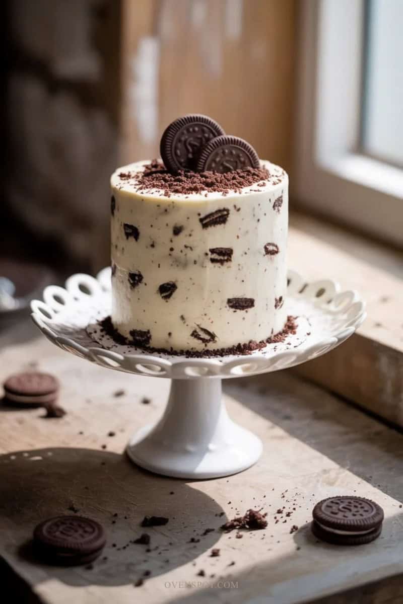 Mini cookies and cream cake with white frosting, crushed chocolate sandwich cookies, and cookie pieces on top