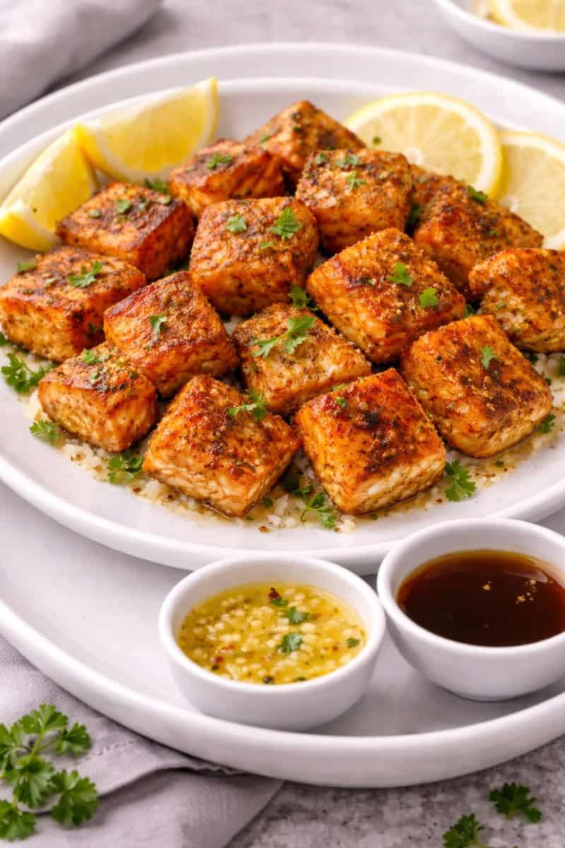 Crispy air fryer salmon bites on a white plate with parsley, lemon, and dipping sauce.