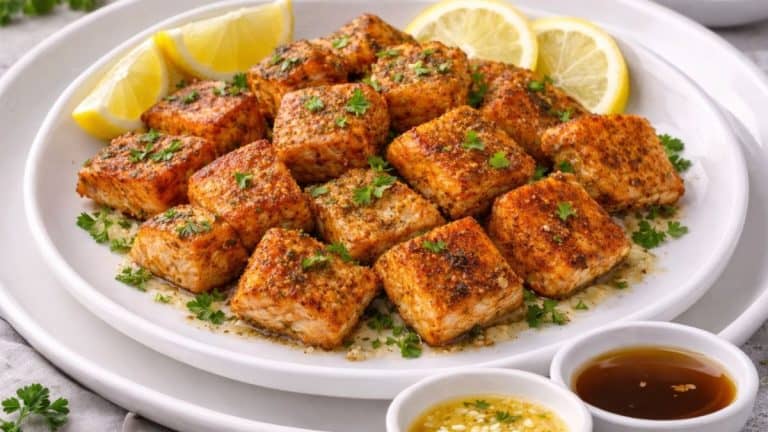 Crispy air fryer salmon bites on a white plate with parsley, lemon, and dipping sauce.