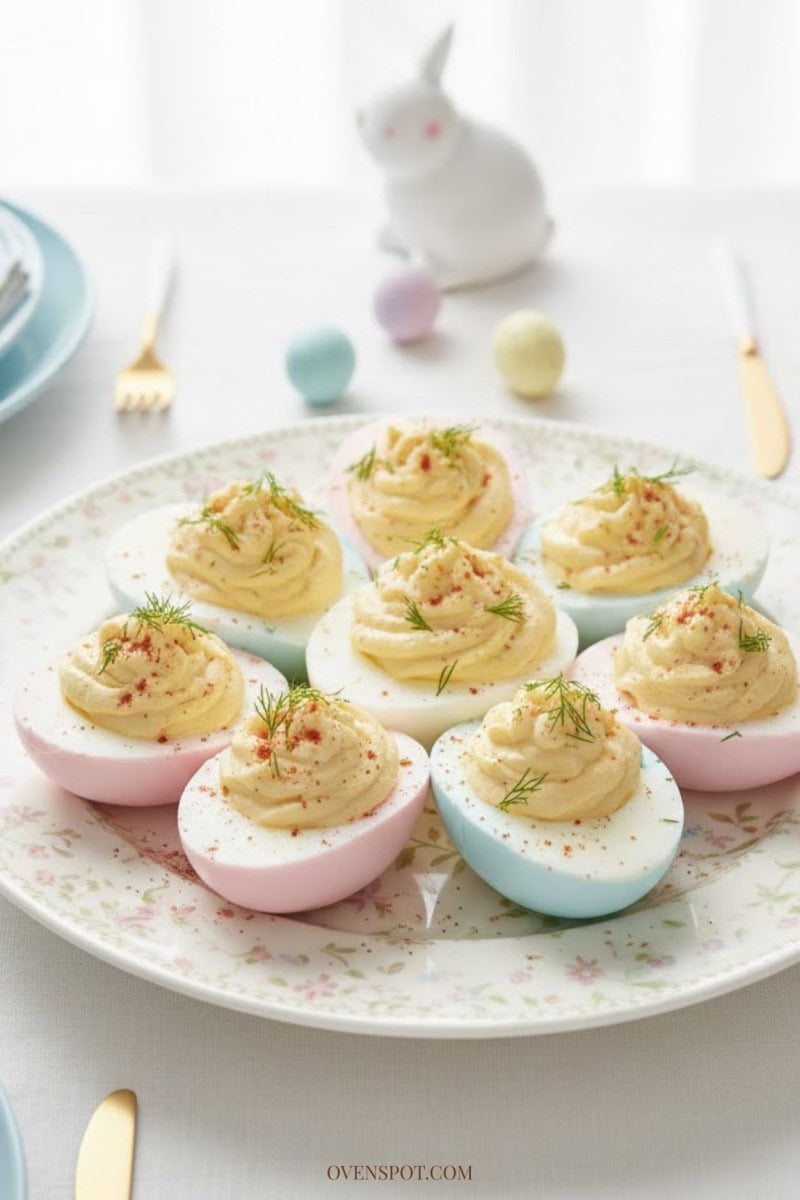 Colorful pastel deviled eggs with creamy filling and paprika garnish