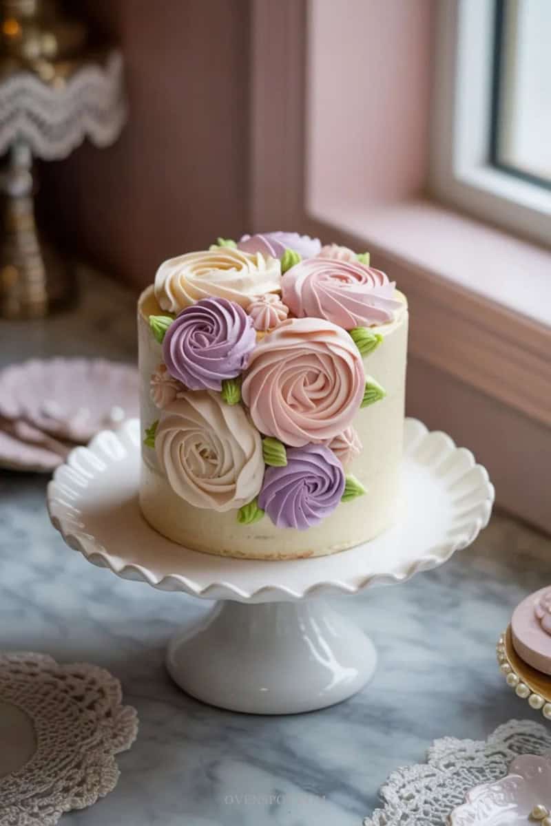 Mini cake decorated with pastel buttercream flowers and delicate piping