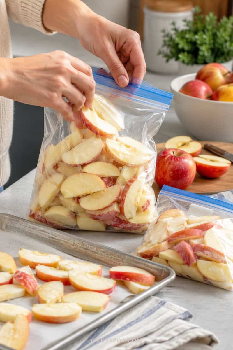 Preparing sliced apples in a resealable bag for oven baking or roasting.
