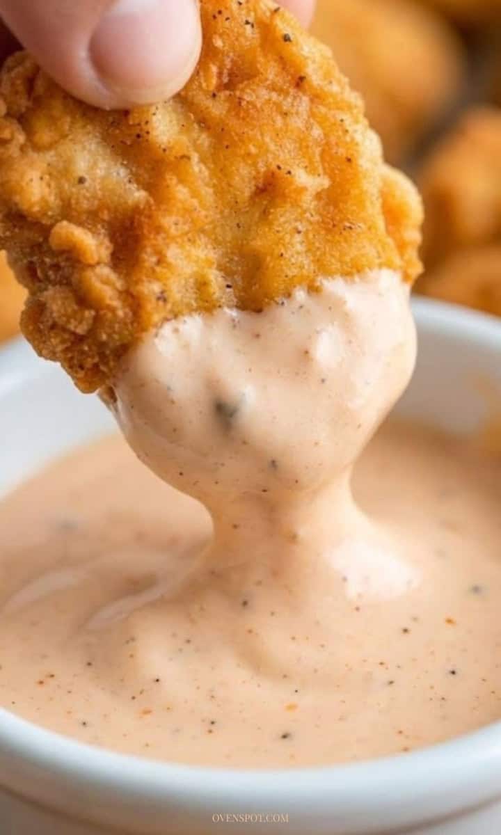 A plate of crispy homemade chicken nuggets with dipping sauce