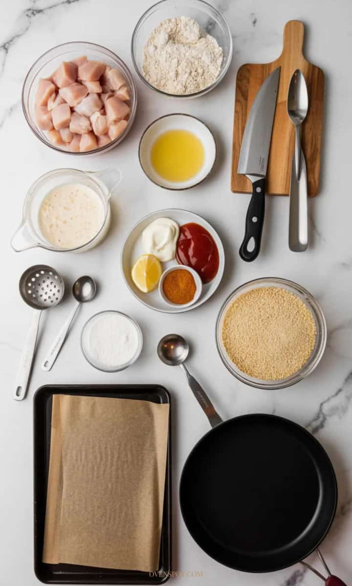 All ingredients and tools for making chicken nuggets
