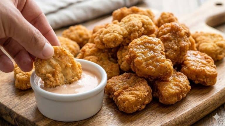 A plate of crispy homemade chicken nuggets with dipping sauce