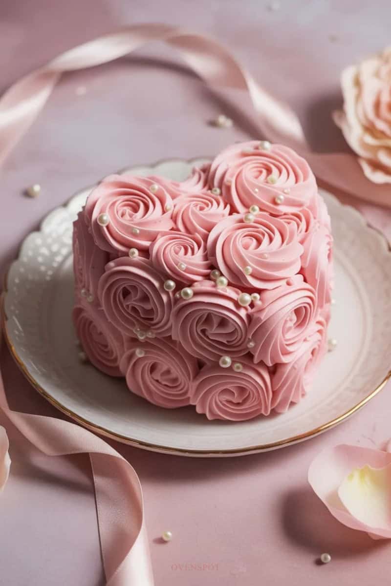 Heart shaped mini cake with pink buttercream frosting and pearl sprinkles