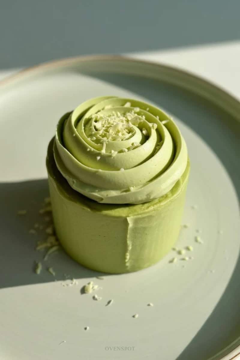 Small matcha green tea mini cake with pale green buttercream frosting on a ceramic plate