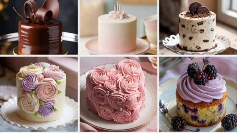 Collection of decorated mini cakes including chocolate ganache, ombre buttercream, cookies and cream, floral buttercream, and berry topped single serve cakes