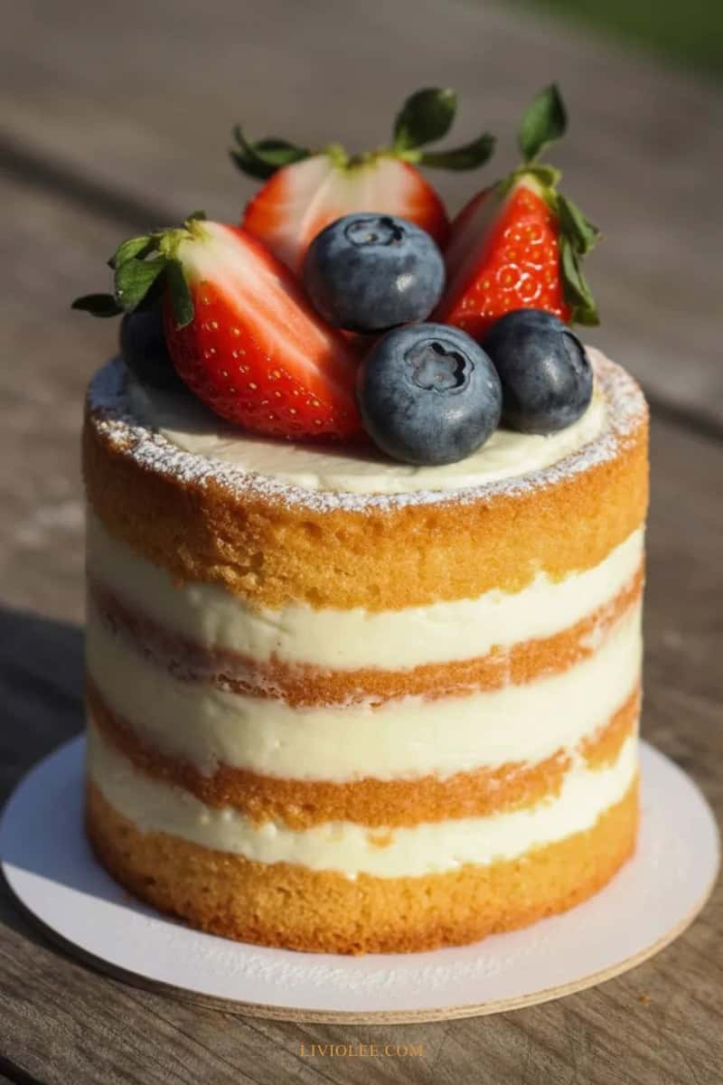 Mini naked cake with visible layers, light frosting, and fresh berries on top