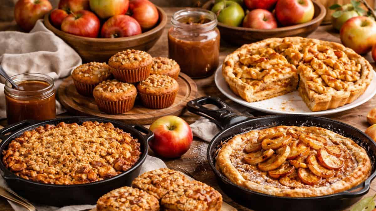 Freshly baked apple desserts including apple crisp, apple pie, muffins, and apple cinnamon pancake displayed on a rustic wooden table