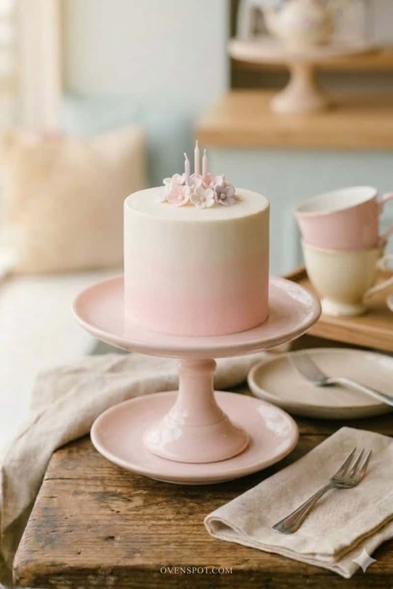 Small ombre mini cake with smooth buttercream frosting fading from pink to white