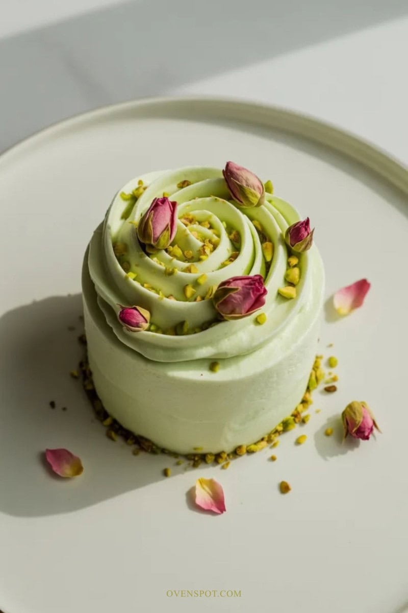Mini pistachio cake with green buttercream frosting, crushed pistachios, and rose petals