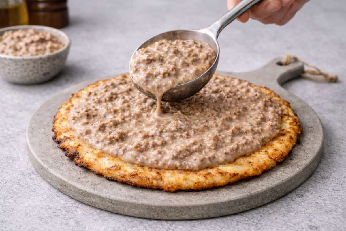 carnivore meat pizza sauce being spooned onto a chicken pizza base