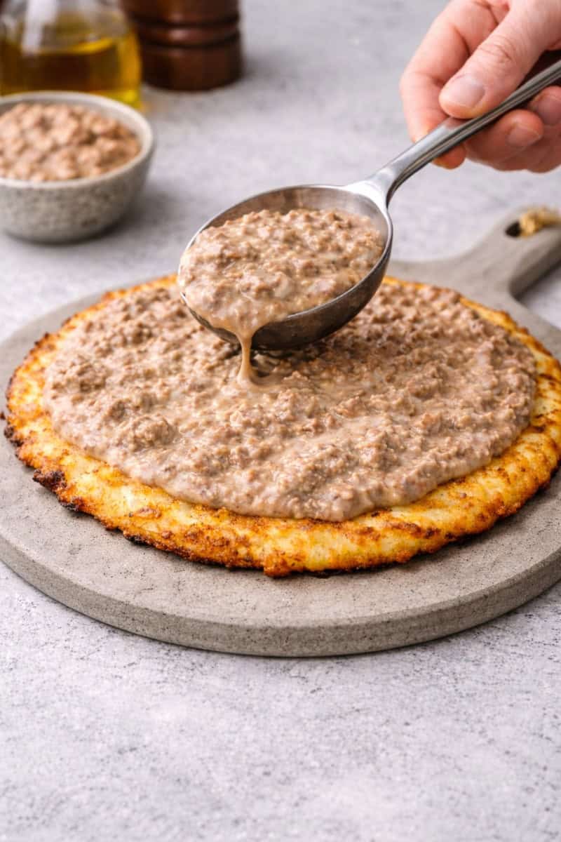 carnivore meat pizza sauce being spooned onto a chicken pizza base