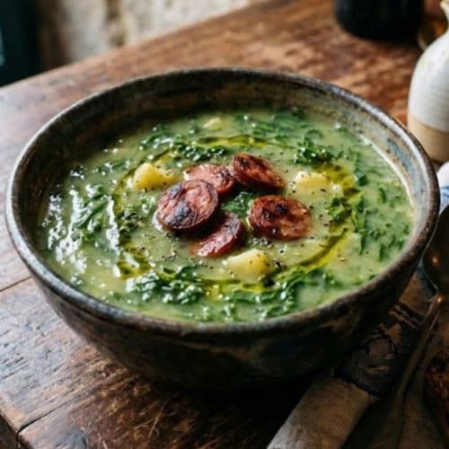 bowl of traditional Portuguese caldo verde soup with kale, potatoes, and chourico